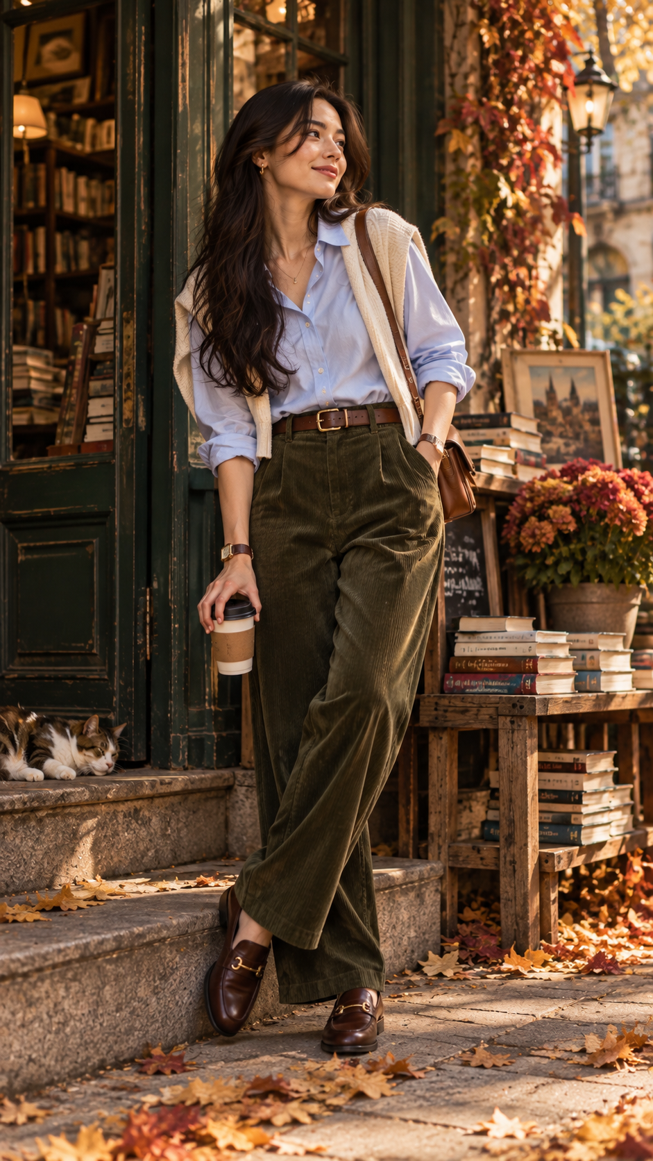 Autumn outfit 
        with corduroy trousers, button-down shirt and loafers